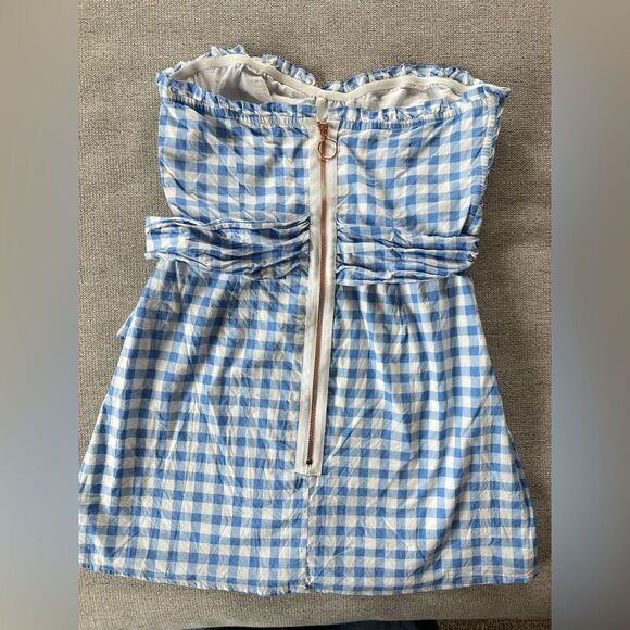 For Love and Lemons Dixie Mini Dress Strapless Sweetheart Neckline Blue Gingham - Picture 8 of 9